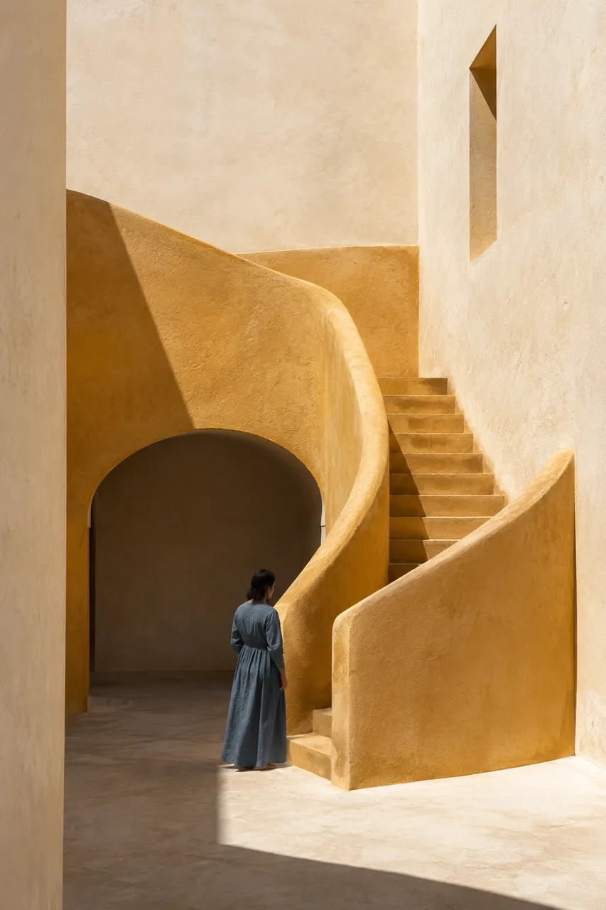 Portrait architecture photograph of an original ochre staircase winding between cream plaster walls, one adult in muted blue near the base for scale. Hard midday light and precise geometric shadows, tactile stucco, restrained analogue palette