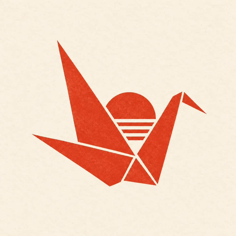 Square original logo concept of a folded crane merged with a rising sun through negative space, single vermilion silhouette on warm cream paper. Flat crisp geometric edges, balanced asymmetry, subtle print texture, generous margins