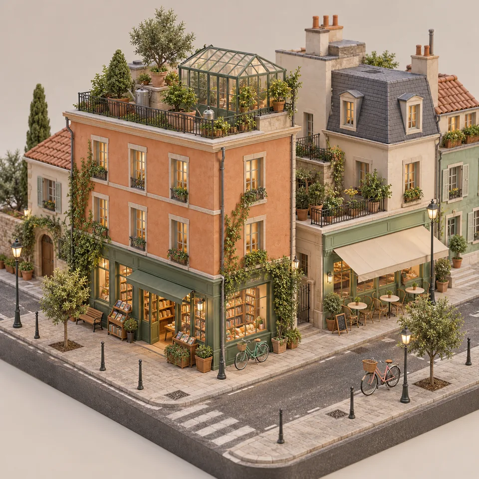 Square crafted isometric miniature city block with a bookstore, café, rooftop greenhouse and tiny bicycles. Muted apricot, mint and cream plaster, realistic miniature materials, soft studio lighting and precise streets