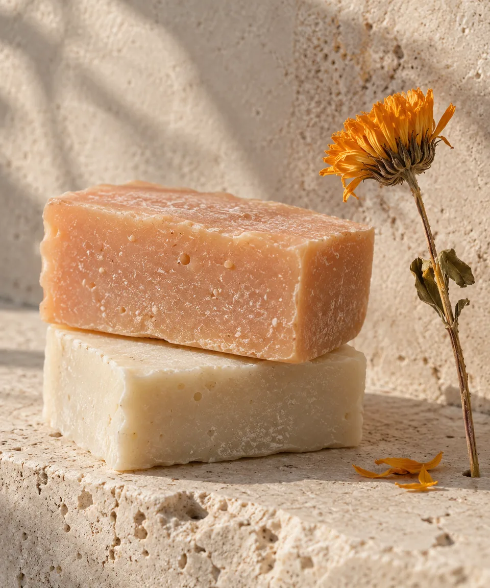 Portrait tactile skincare still life: peach and ivory unbranded soap bars stacked beside a single dried calendula stem on pale limestone. Soft diffuse sun, realistic handmade edges, fine pores and powdery surfaces, warm restrained palette, editorial calm