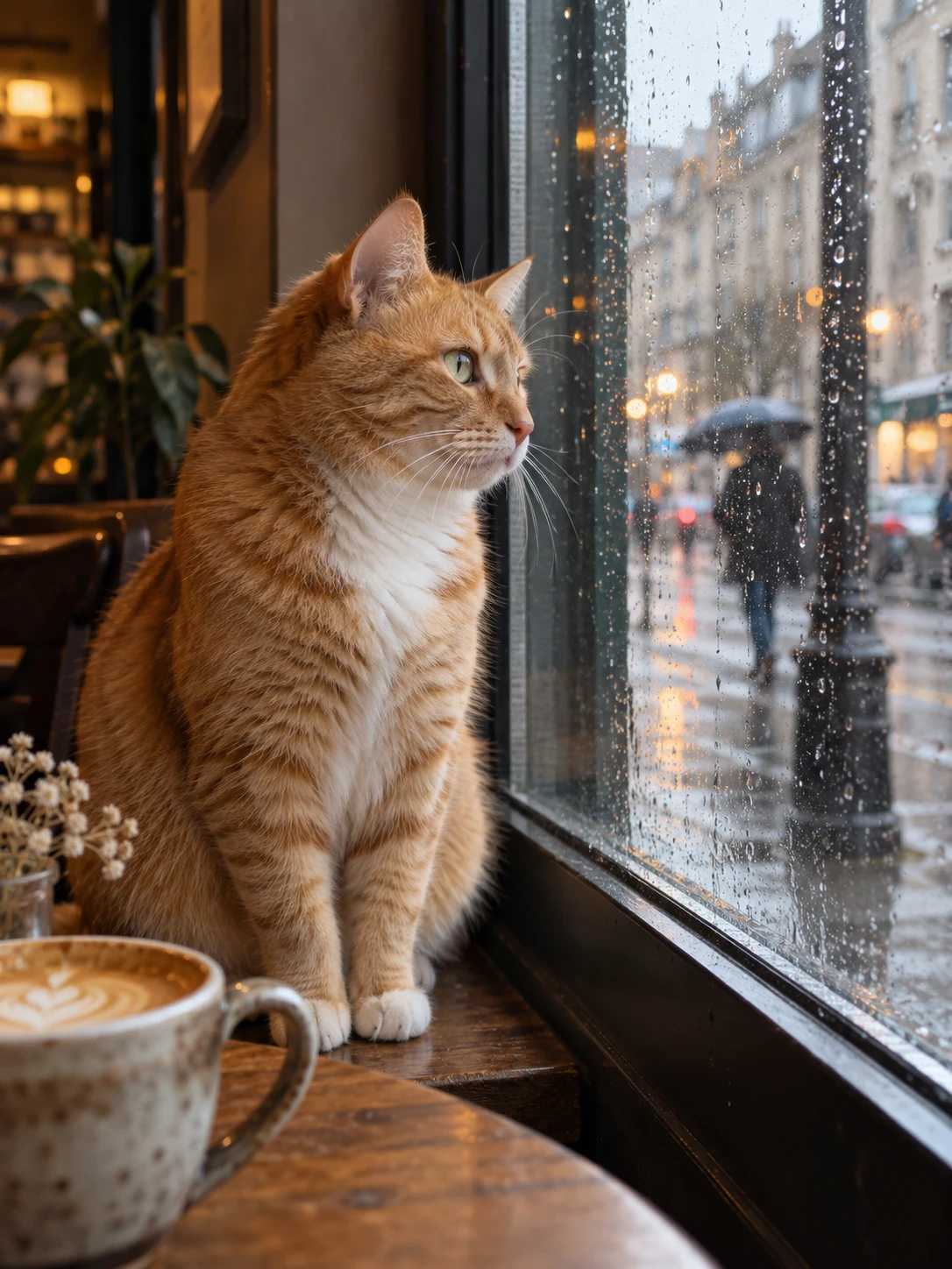 A ginger cat watches the city through a rain-speckled café window in soft daylight.