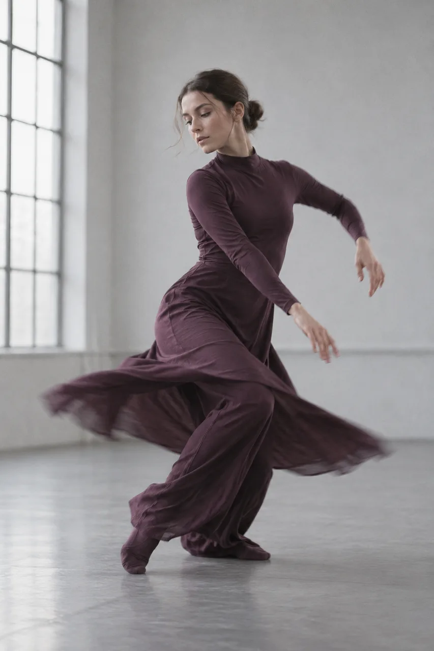 Portrait original adult dancer in a fully covered plum rehearsal outfit making a graceful grounded turn in a pale grey studio. Torso and face sharp, fabric edges gently motion-blurred, soft window light, correct anatomy, fine analog grain