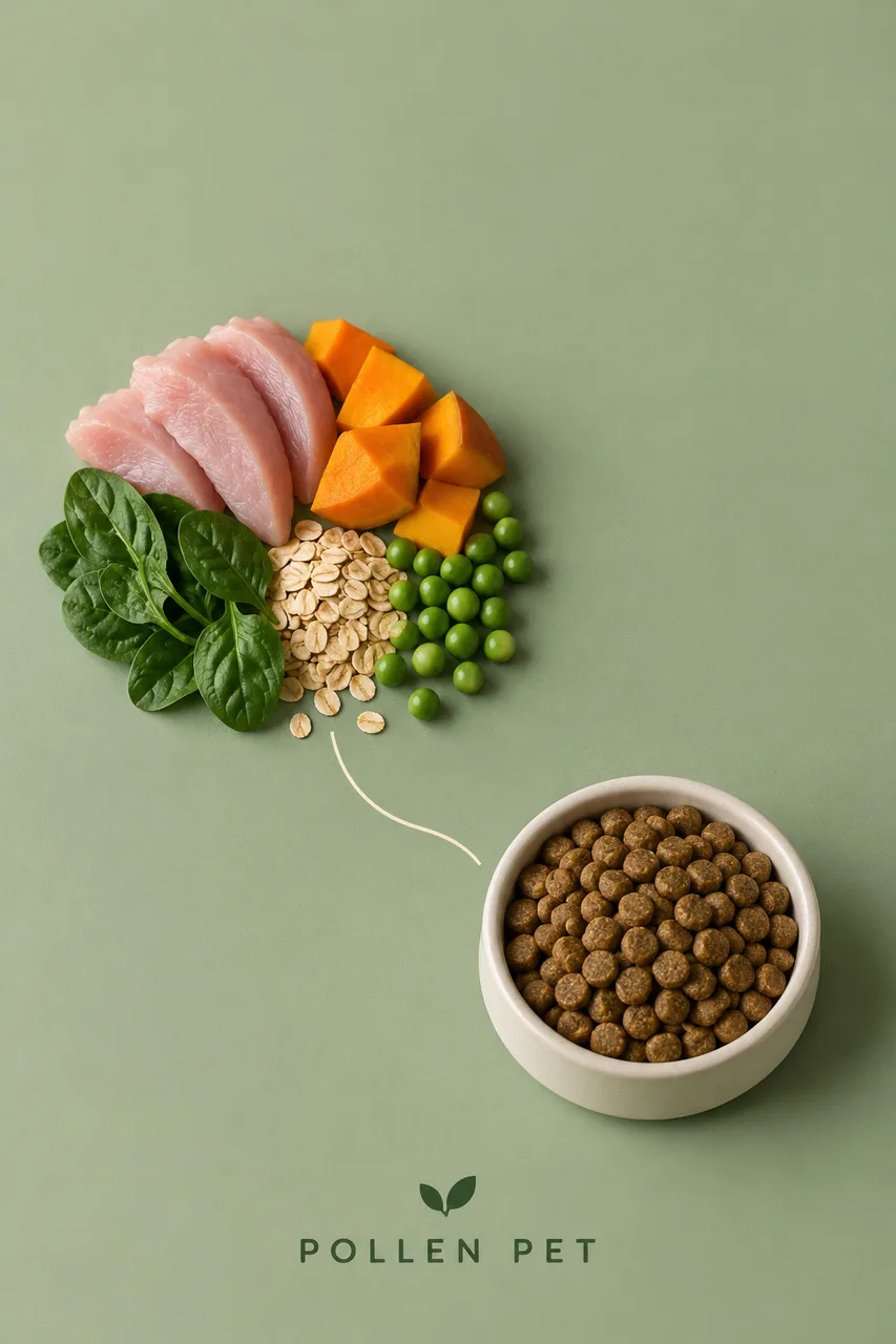 Portrait overhead pet-nutrition still life on soft sage background. One complete small cream ceramic bowl of realistic brown kibble sits at lower-right; above-left a separate neat oval of fresh turkey, pumpkin, spinach, oats and peas