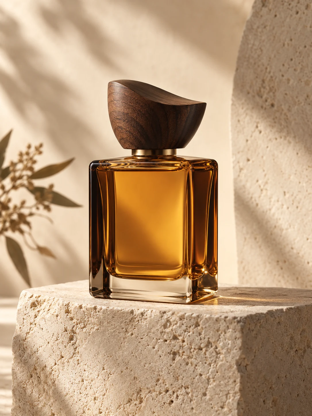 An unbranded amber perfume bottle with a sculptural wood cap sits on a limestone pedestal.