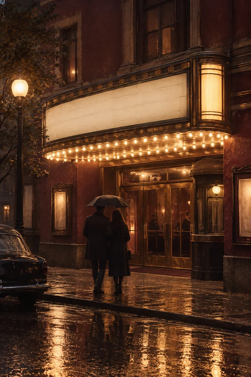 Portrait cinematic film photograph of a fictional old neighborhood cinema entrance on a rainy evening, warm amber canopy bulbs, two original adult silhouettes walking under one umbrella, wet street reflections and muted burgundy walls. Fine grain and natural halation, signage blank, no identifiable brand.