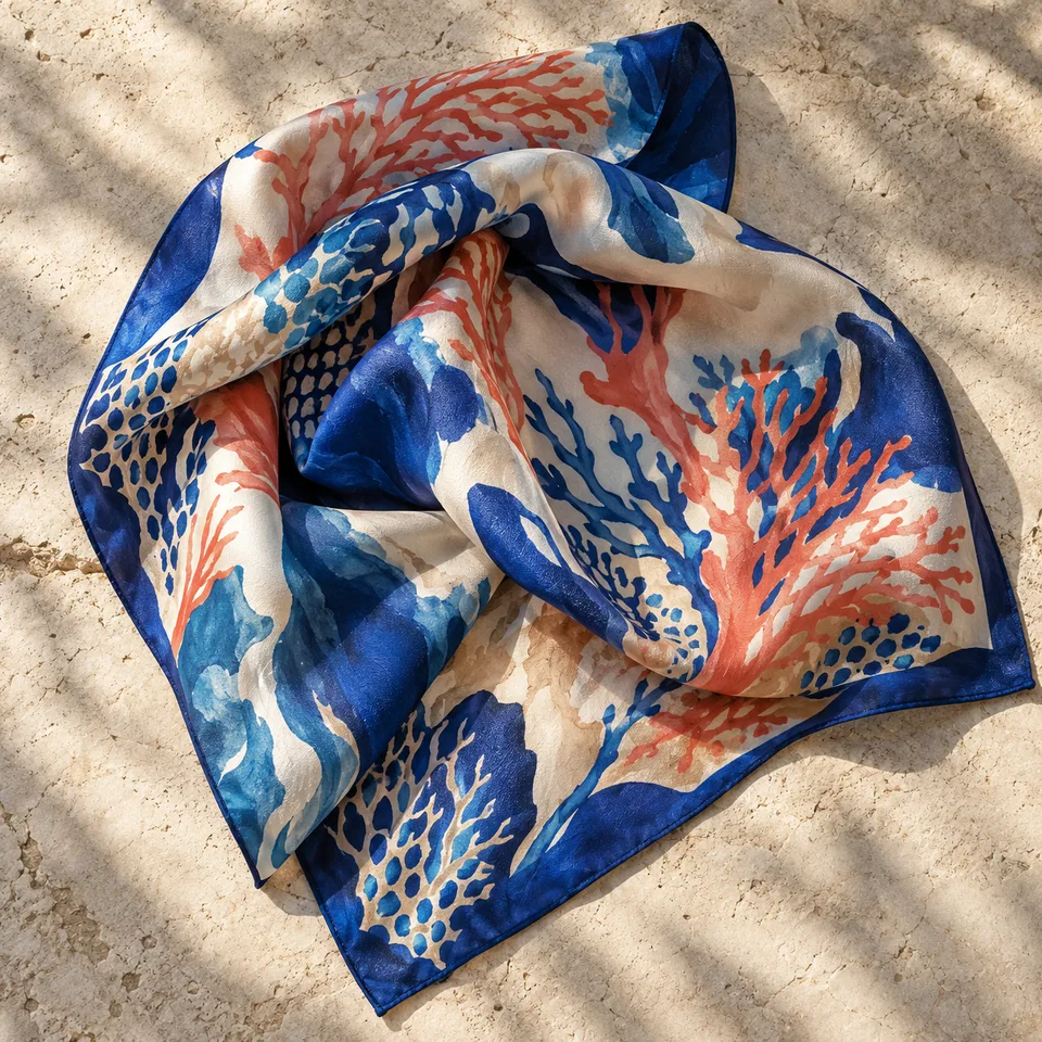 Square overhead photograph of an original silk scarf loosely folded on pale sand-colored stone. Abstract cobalt, coral and cream reef pattern, realistic fine silk weave and soft folds, warm dappled sunlight