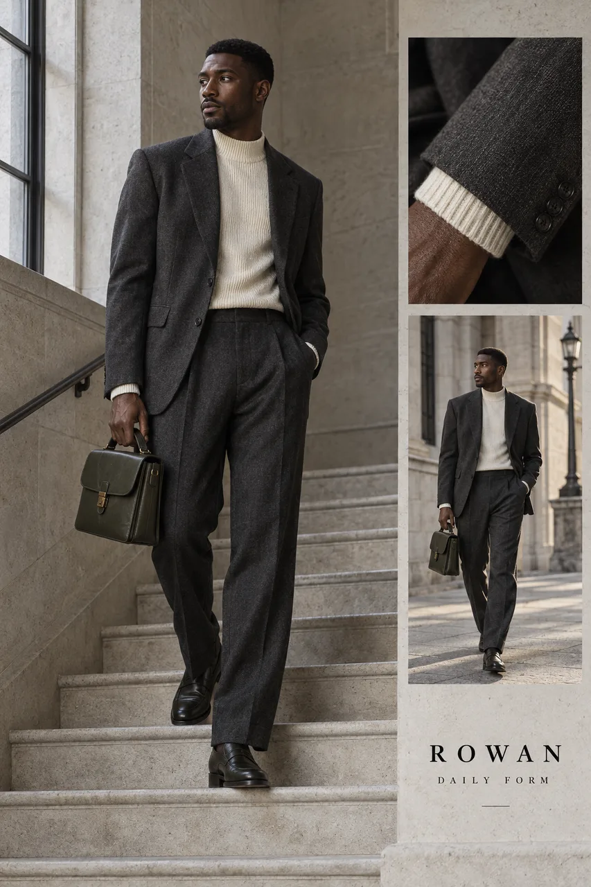 Portrait luxury menswear editorial in cool limestone stairwell. Original adult male with dark cropped hair and deep brown skin wears charcoal relaxed tailored suit over cream knitted mock-neck, carrying small original dark-olive leather satchel