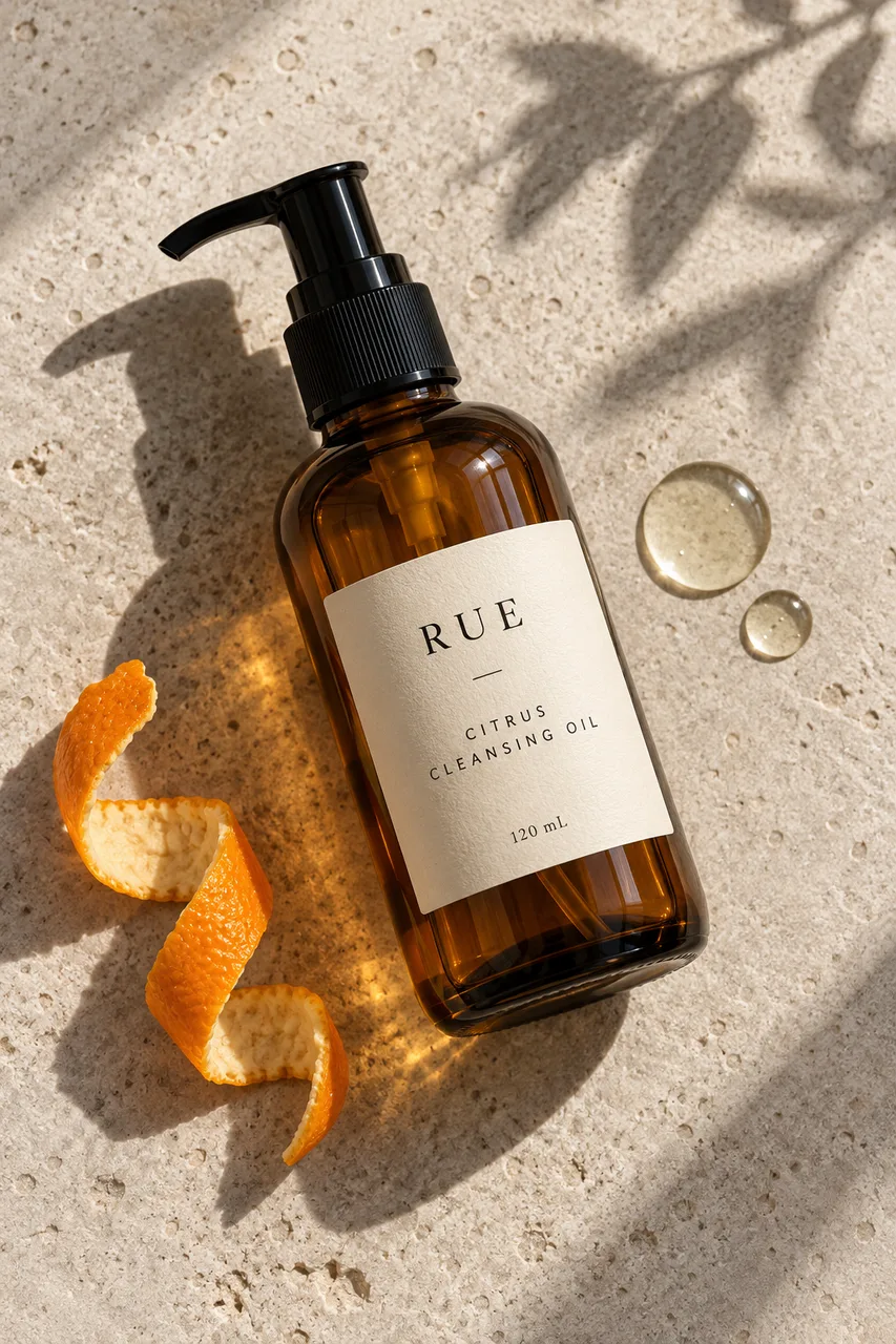 Portrait 2:3 overhead product photo on pale warm-grey stone. Original amber glass pump bottle diagonal at center, ivory narrow label RUE / CITRUS CLEANSING OIL / 120 mL