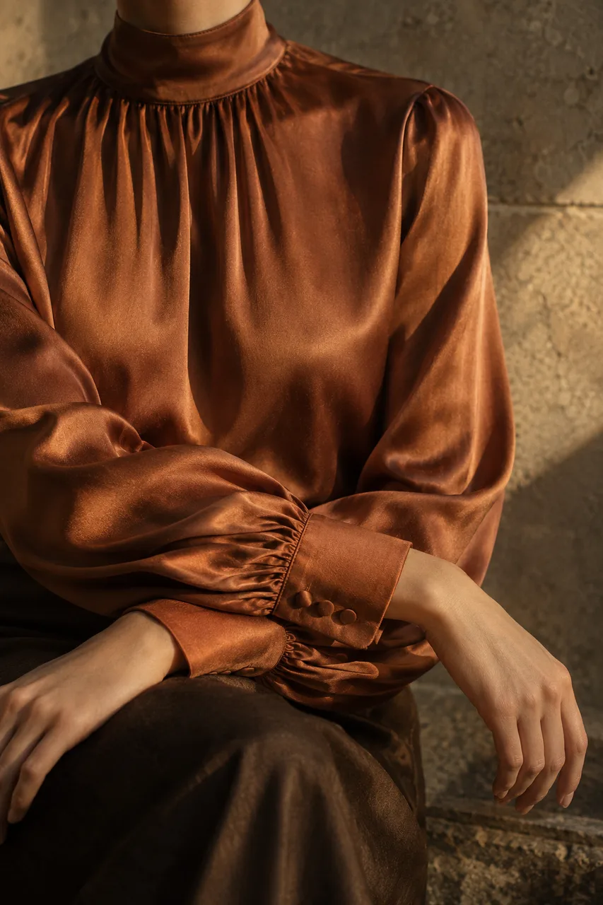 Portrait tight editorial garment detail of an adult wearing a fully covered rust silk blouse, graceful sleeve folds and original cuff construction, face out of frame, warm grey stone background. Directional golden light, authentic silk sheen and fine film grain, refined tactile luxury