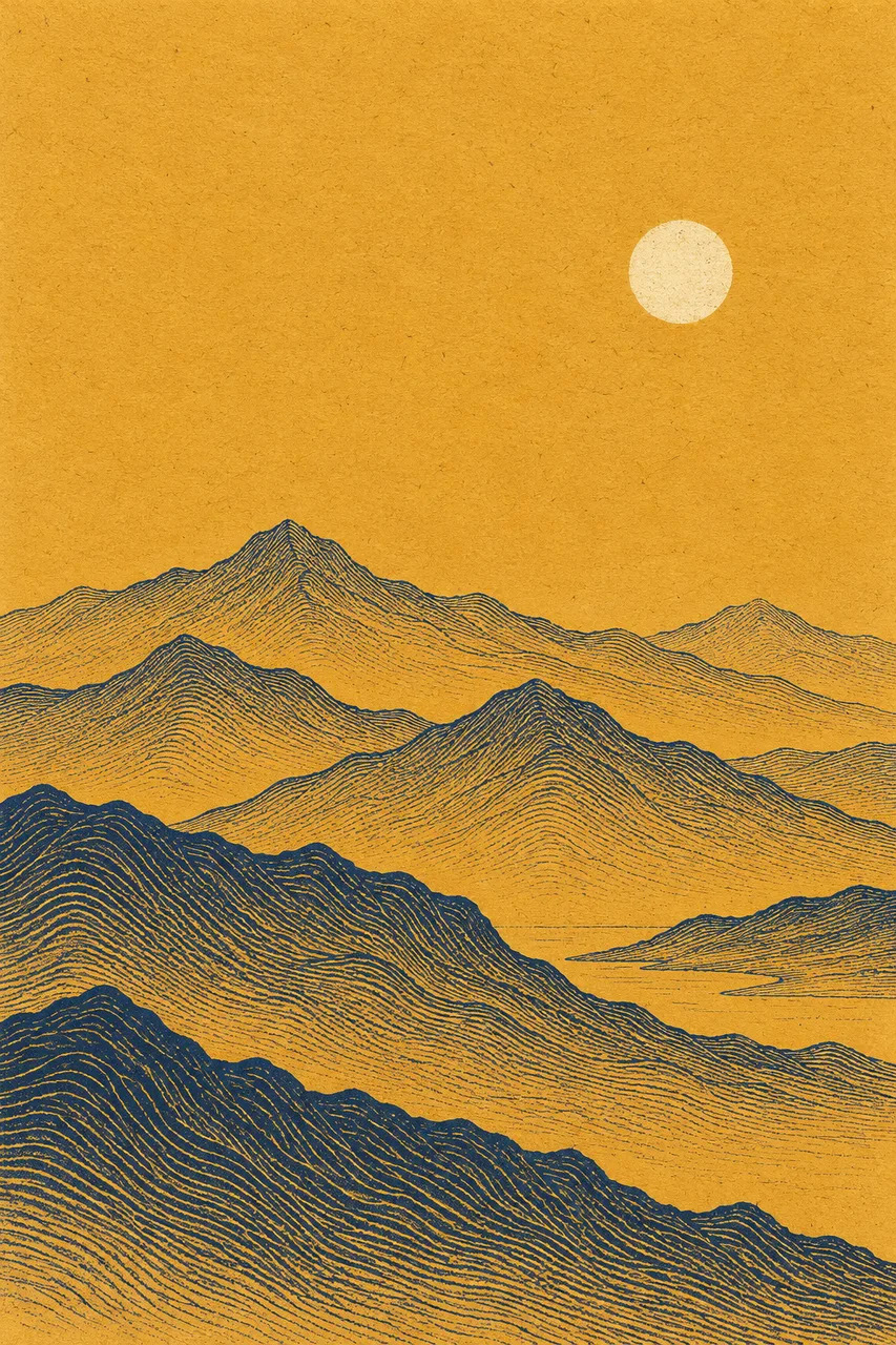 Portrait original screenprint artwork of layered mountain contours drawn in thin indigo lines across warm saffron paper, small ivory sun near upper-right, strong negative space. Visible ink grain, controlled graphic rhythm and tactile fibers