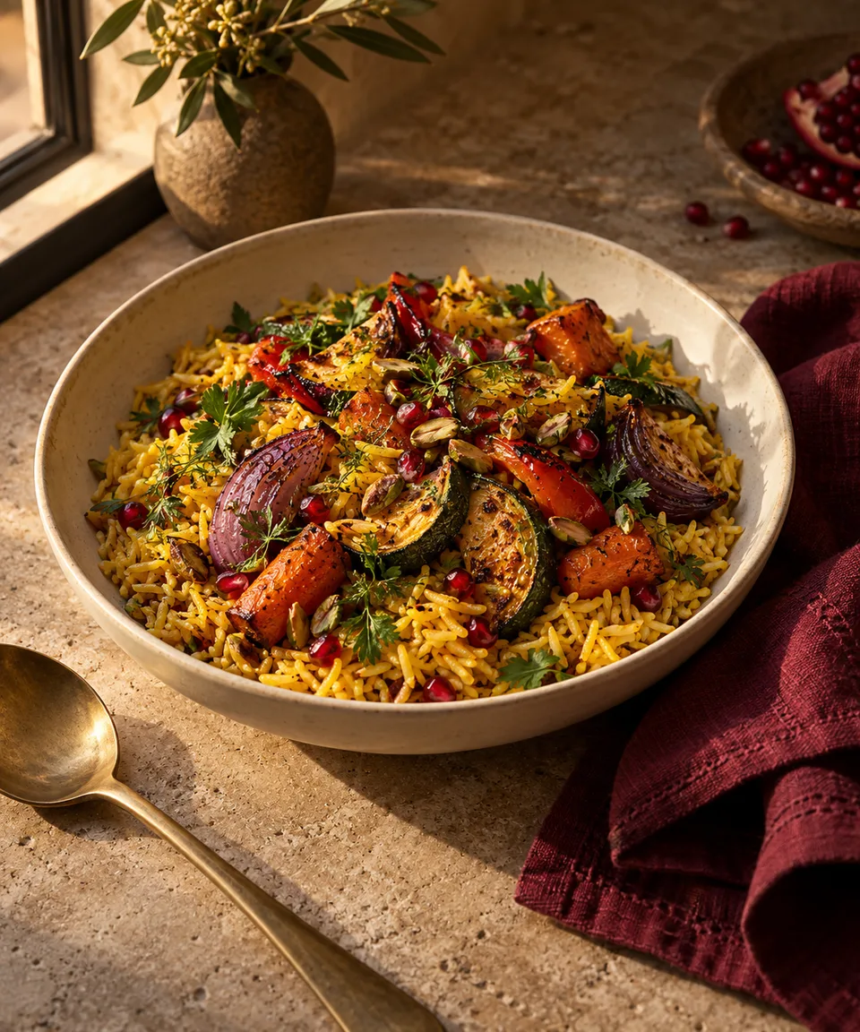 Portrait editorial food photo of saffron rice with roasted vegetables in an unbranded shallow ivory bowl, a brass spoon and folded burgundy linen on warm stone. Evening window light, real individual rice grains, natural herbs and quiet rich color