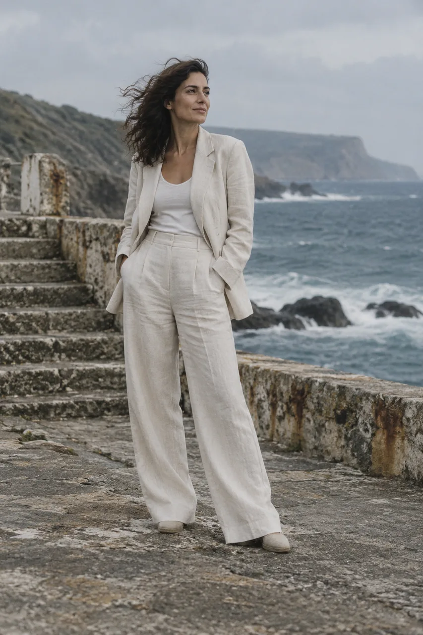Portrait editorial photo of an original adult woman in an ivory linen trouser suit on an empty windy coastline. Cloth moves naturally, weathered steps and blue-grey sea behind, soft overcast light, muted 35mm film palette, candid confident posture, full body in frame