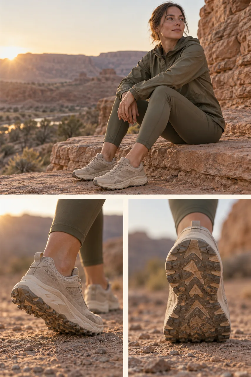 Portrait three-photo outdoor running-shoe campaign with cream gutters: wide top photo of original adult woman seated on a sandstone step in olive technical outfit; two lower closeups show sand-colored unbranded trail shoes, one heel lifted and one sole detail. Consistent subject, clothes, original shoe construction and warm dawn light