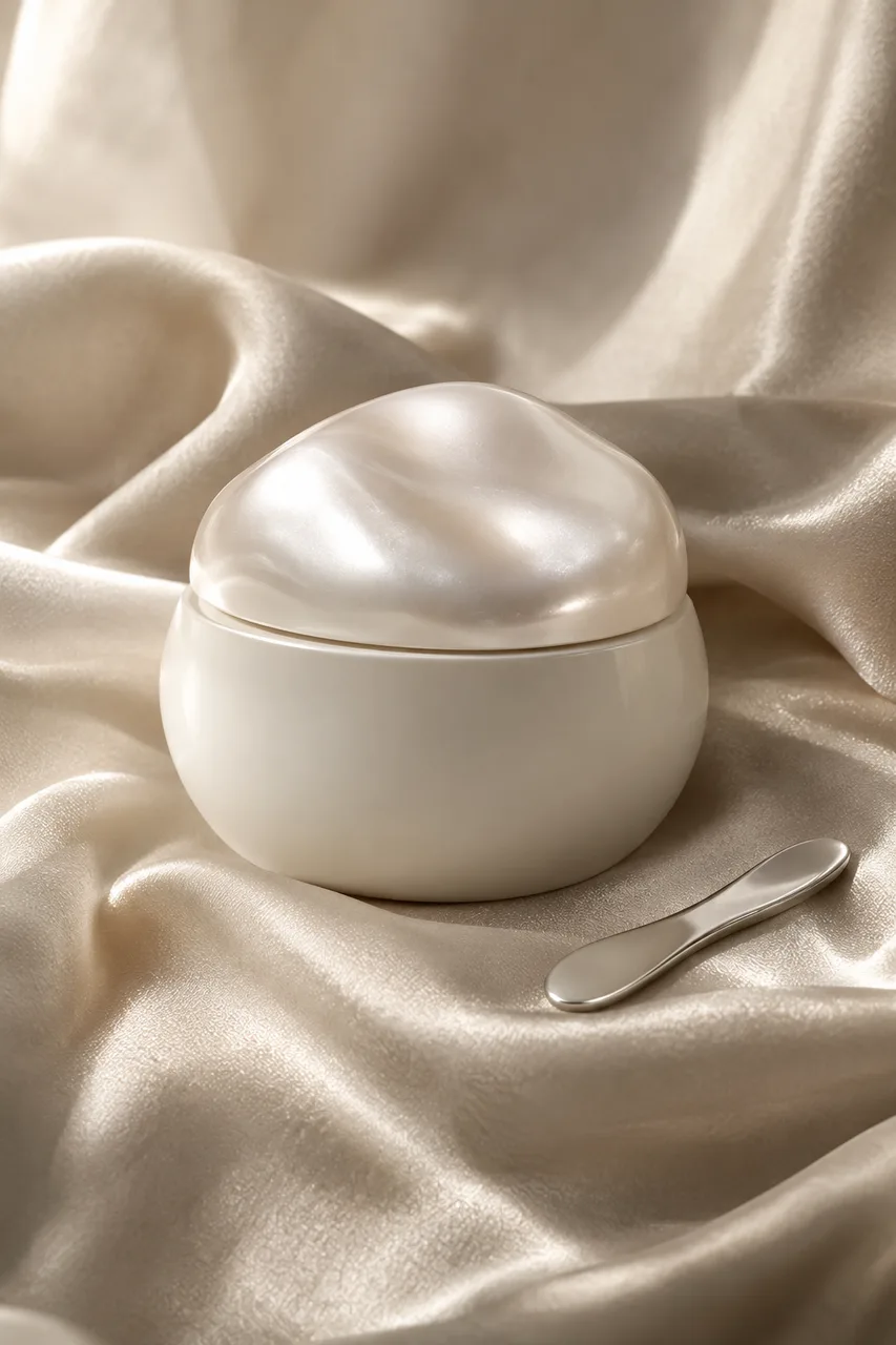 Portrait luxury beauty still life: unbranded ivory face-cream jar with sculptural pearl-like lid on champagne satin, soft folded fabric and one tiny silver spatula. Diffused side light, tactile matte ceramic and luminous satin, calm cream palette, realistic shadows
