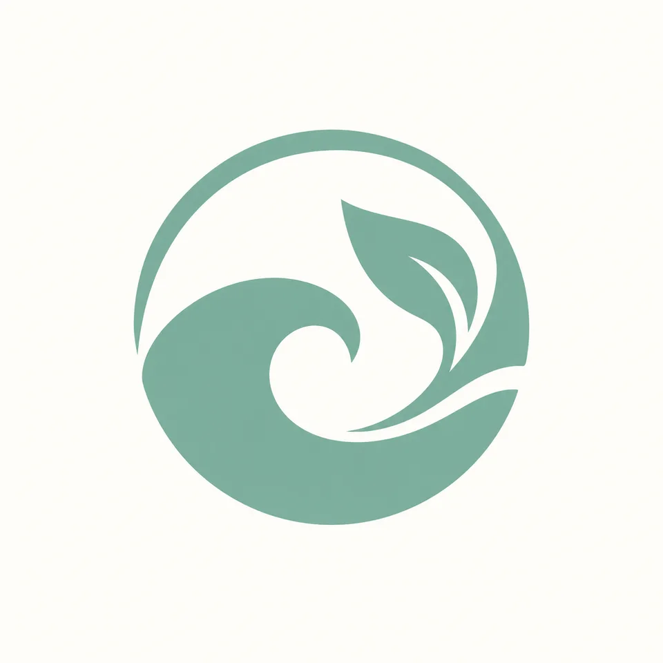 Square original flat logo concept combining a wave and a sprouting leaf into a simple circular sea-glass-green symbol on warm white. Crisp curves, deliberate negative space, balanced proportions and generous margins