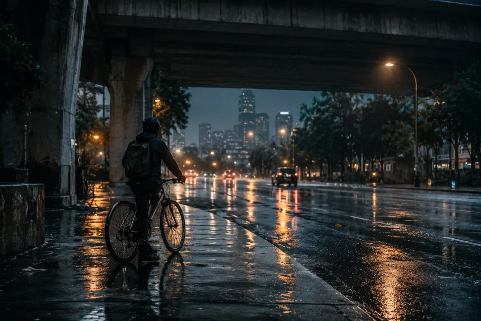 Landscape cinematic photograph of an original adult cyclist paused beneath a concrete overpass in rain, silver puddles reflecting soft amber traffic lights, deep muted teal city distance. Bike unbranded, contemplative framing, natural wet materials and 35mm grain