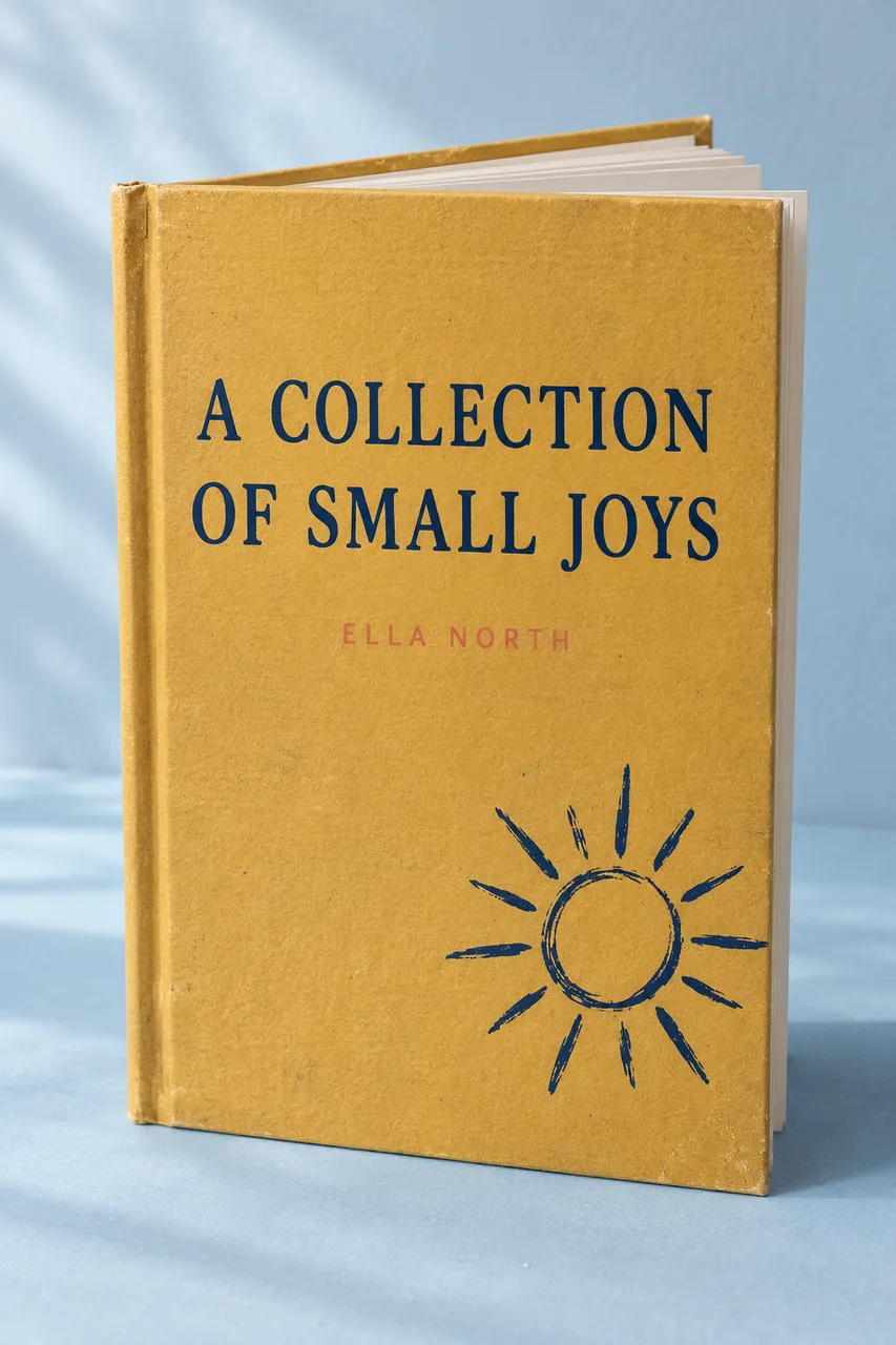 Portrait realistic book mockup standing slightly open on pale-blue tabletop, soft studio daylight and natural paper shadow. Deep mustard cover with large navy rounded serif A COLLECTION / OF SMALL JOYS, small coral author ELLA NORTH, one loose hand-drawn navy sun in lower-right