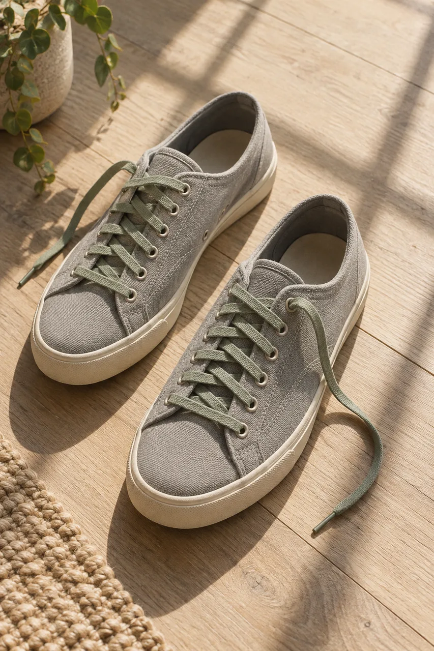 Portrait overhead product photograph of one pair of original unbranded soft grey canvas sneakers with cream soles and sage laces on a pale oak floor, one lace naturally trailing. Morning window grid shadows, authentic canvas and rubber textures, understated film grain