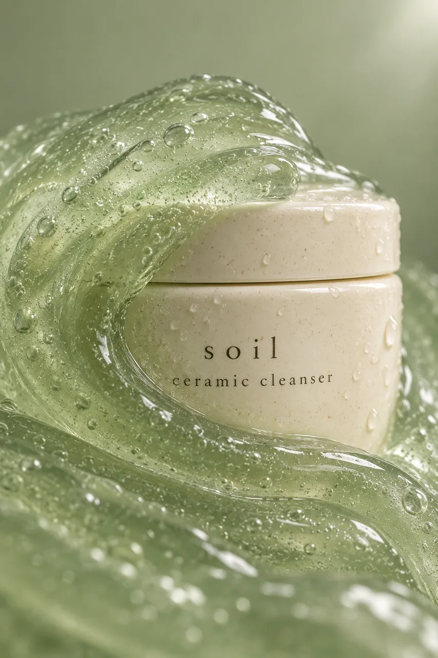 Portrait macro product photograph of original warm-ivory ceramic cleanser jar partly hidden by a loose swirl of translucent pale-green gel, not soap foam. One clear curved section reveals tiny dark serif soil on the jar
