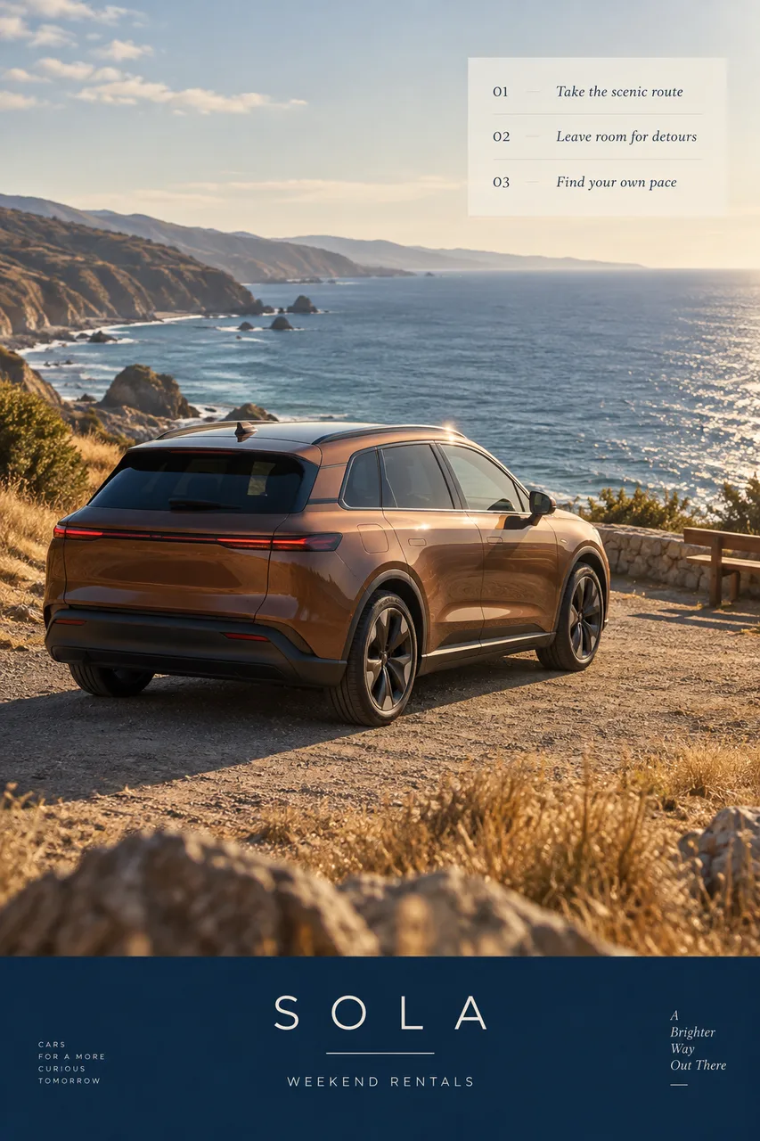 Portrait original car-rental advertisement: unbranded copper-brown compact electric wagon parked at a quiet coastal overlook, rear three-quarter view, deep blue sea and dry grass, late-afternoon sunlight. No recognizable automotive design, logos or badges