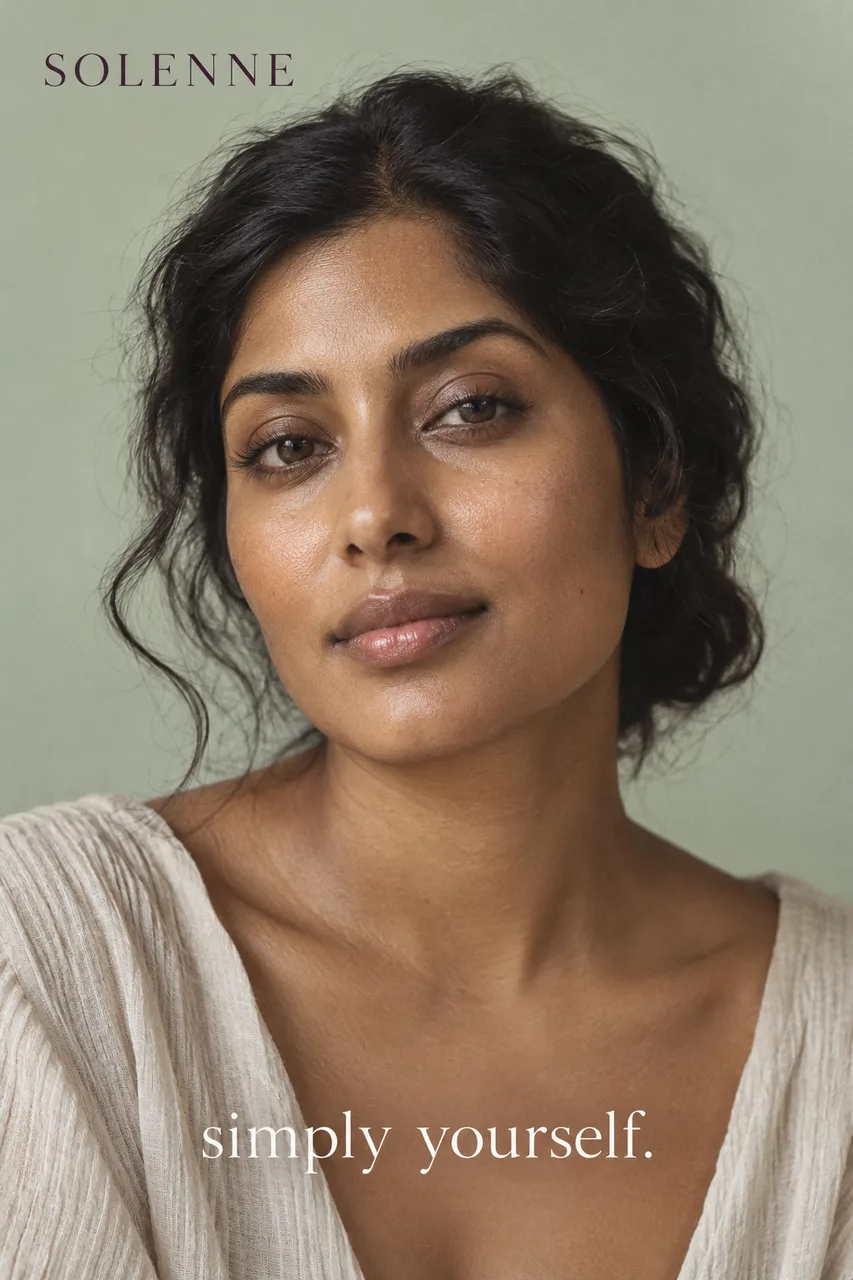 Portrait original beauty campaign with adult woman of South Asian appearance, dark wavy hair loosely tucked back, warm brown skin with natural pores and soft hydrated sheen. Frontal relaxed gaze, hands out of frame, pale sage studio backdrop, diffuse morning light and subtle film grain