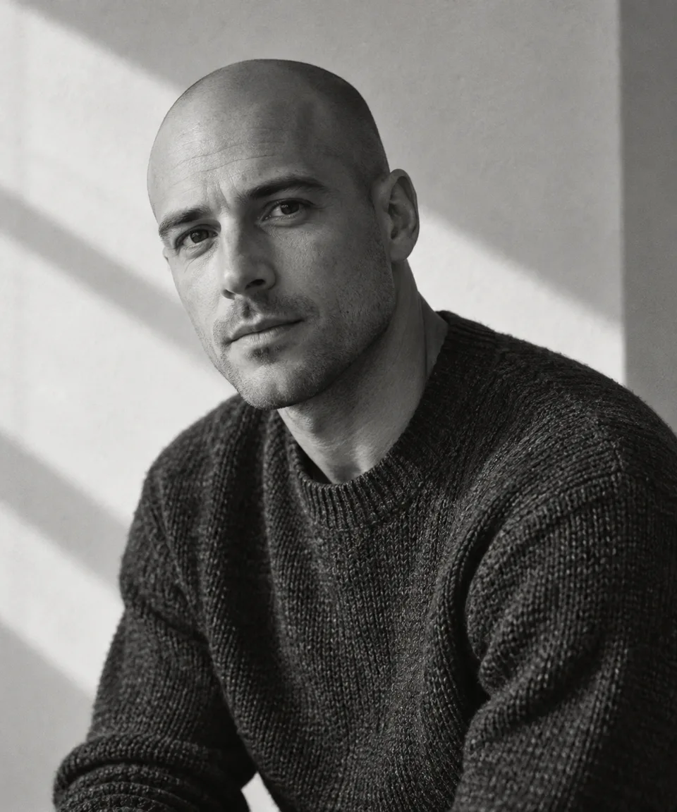Portrait monochrome original adult male with a shaved head wearing an unbranded charcoal knit crewneck, shoulders angled toward camera. Pale studio wall, diagonal soft window bands and one sharp shadow edge rather than crossed beams, calm thoughtful gaze