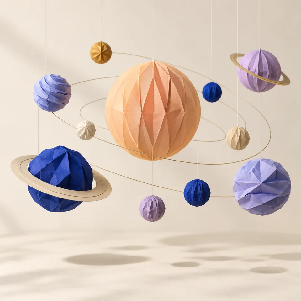 Square 3D still life of original folded-paper planets orbiting a warm peach sphere, suspended by nearly invisible fine threads in a pale cream studio. Matte paper folds, believable soft shadows, playful refined composition with cobalt and lavender accents