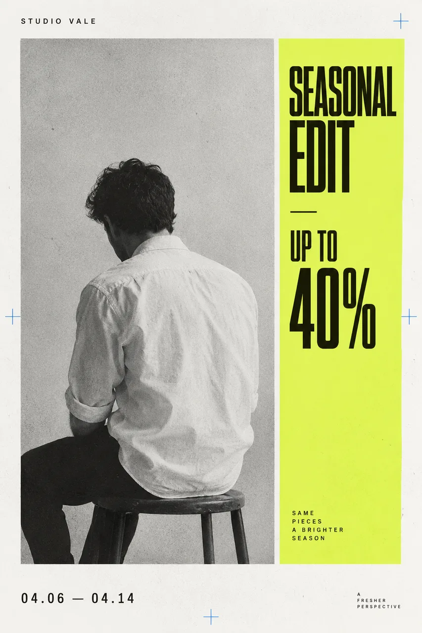 Portrait original monochrome fashion poster with grainy photocopy photo of an adult male in an unbranded white shirt, seated on a low stool and turned away from camera. Oversized lime-yellow vertical rectangle at right containing black condensed SEASONAL EDIT / UP TO 40%