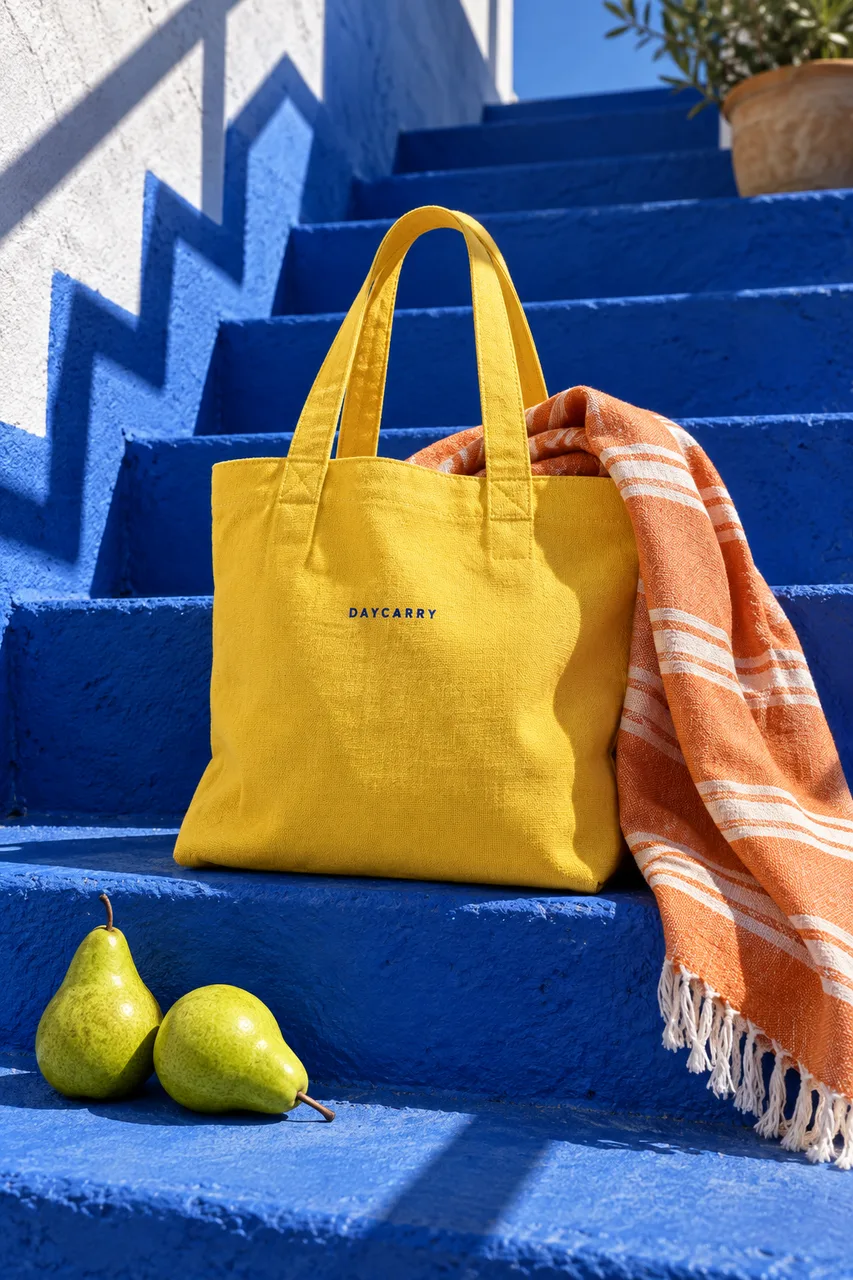 Portrait bright lifestyle campaign on a cobalt-blue painted outdoor staircase. Original yellow canvas tote with small navy fictional DAYCARRY wordmark rests upright, an orange striped linen towel drapes from it and two green pears sit on one step