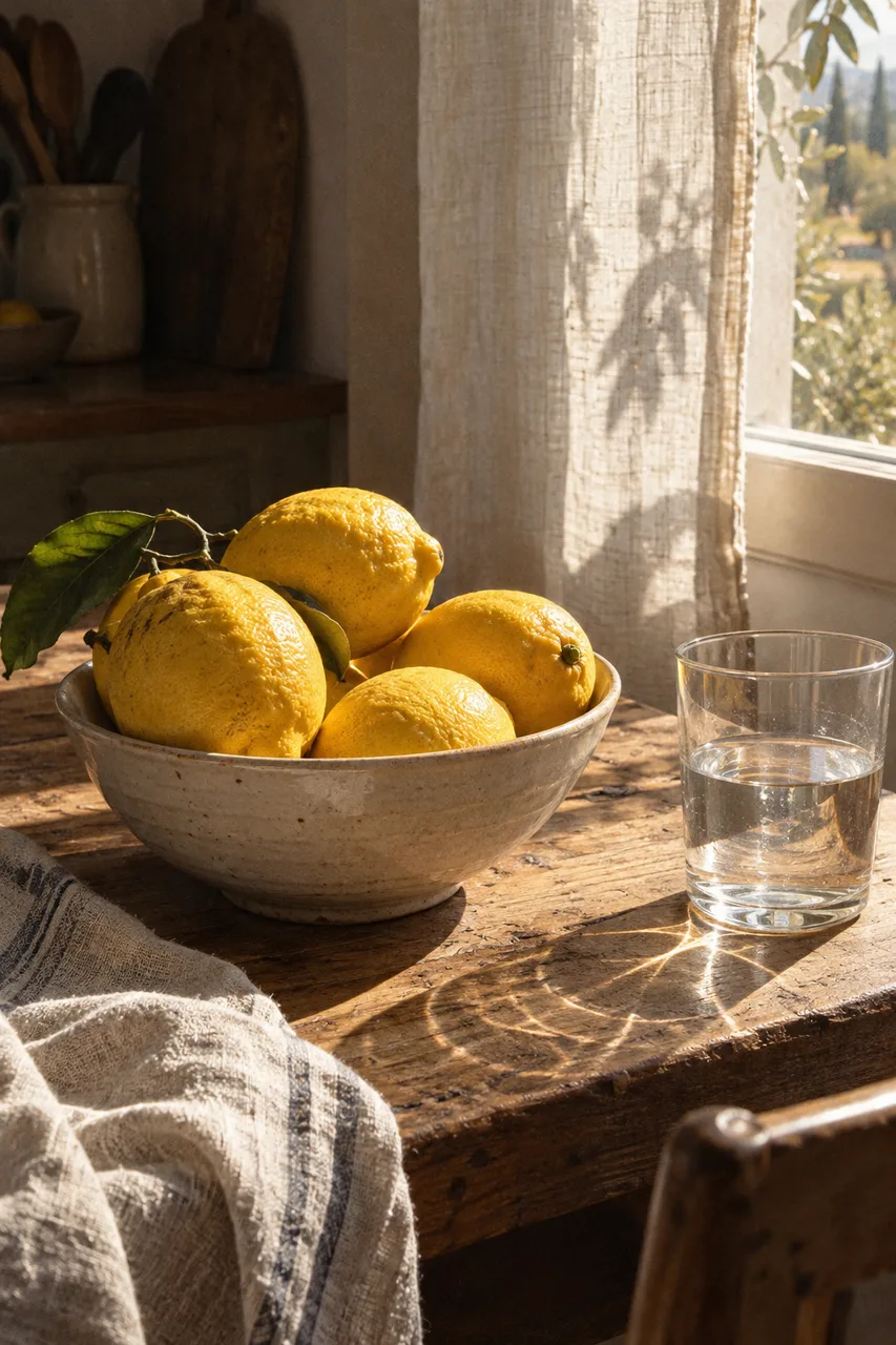 Portrait candid still life of lemons in a pale ceramic bowl on a wooden kitchen table, linen curtain and half-full clear water glass, hard morning sun through a window, warm golden caustics, tiny natural imperfections and film grain. No people, branding or words.