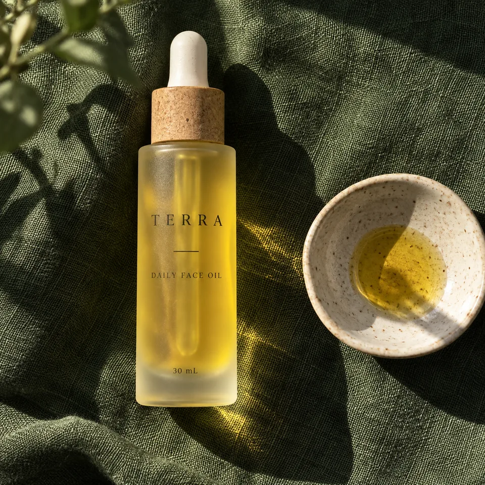Square close overhead skincare photo. One original tall frosted-glass facial oil bottle with natural cork-colored dropper rests vertically across dark-green linen, one unbranded small ceramic dish at right with a thin golden oil pool
