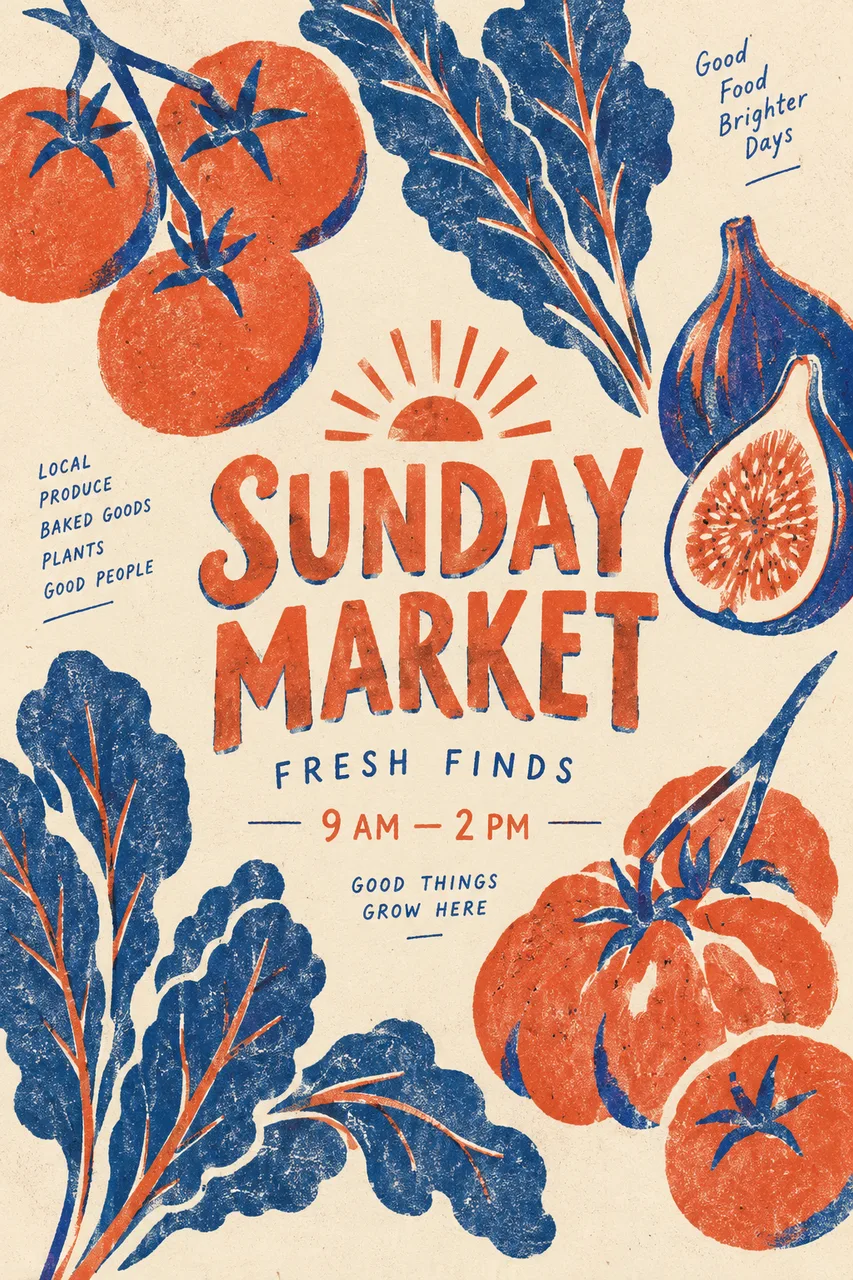 Portrait risograph community-market poster, warm cream and terracotta with cobalt accents. Bold original cut-paper tomatoes, figs and leafy greens form an asymmetrical border around hand-lettered SUNDAY MARKET / FRESH FINDS / 9 AM — 2 PM