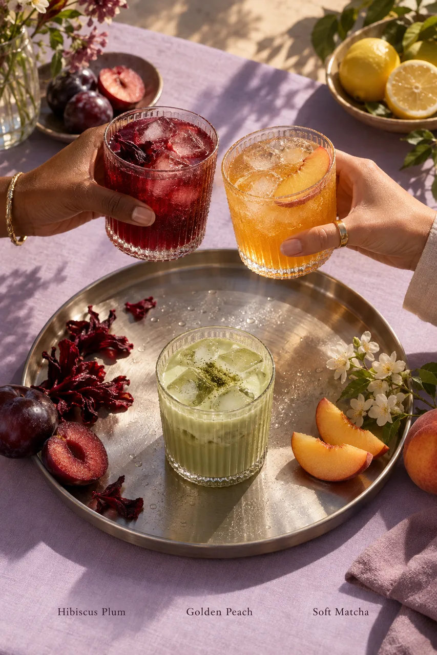 Portrait premium beverage advertisement, overhead oblique view. Two adult hands with distinct natural skin tones reach from opposite sides holding short ribbed tumblers, one plum-hibiscus iced tea and one golden-peach iced tea