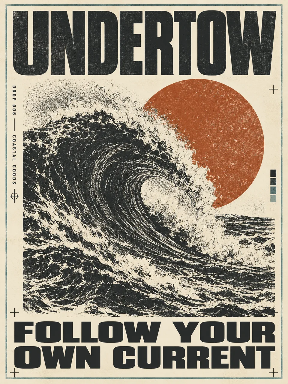 Portrait 3:4 original streetwear screenprint poster on warm cream. Large charcoal engraving of an abstract breaking wave, rust circular sun offset behind it and thin muted-teal frame