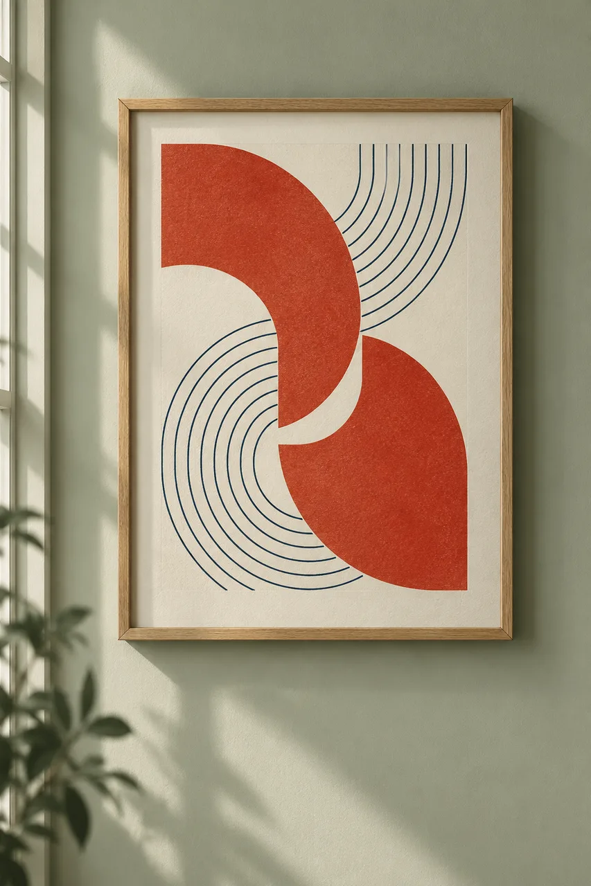 Portrait gallery photo of one slender natural-oak frame on muted pale-sage wall. Print inside features offset interlocking vermilion arcs and thin ink-blue contours on warm ivory, geometric optical depth with visible letterpress texture