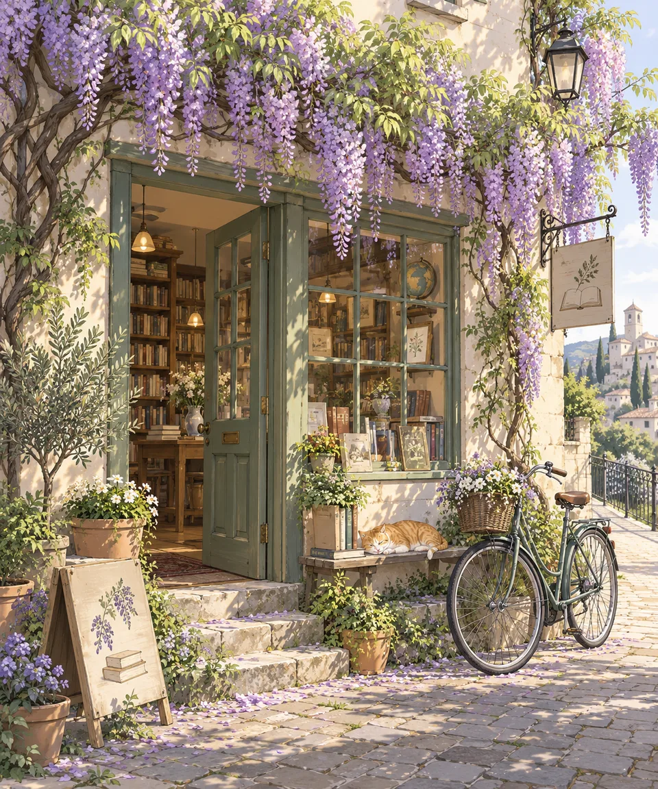 Portrait original anime illustration of a tiny cream bookshop beneath cascading wisteria, a bicycle and sleeping orange cat by the door, gentle afternoon light. Expressive clean lines, painterly foliage, lavender/green/cream palette, cozy believable architecture