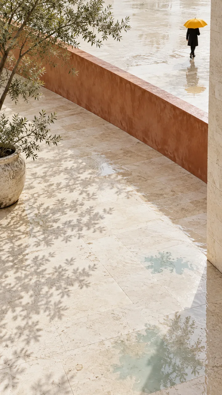 Portrait 9:16 bright minimalist poster. A tiny adult silhouette with a saffron-yellow umbrella crosses the upper-right edge of a pale limestone courtyard after rain